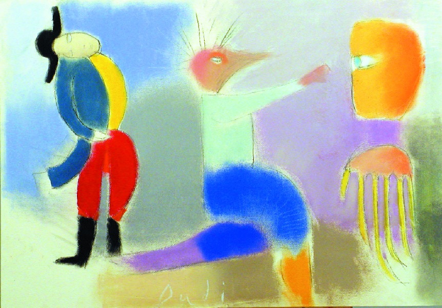 Impudence ignoring Insult accosts Ego    oil crayon & pastel